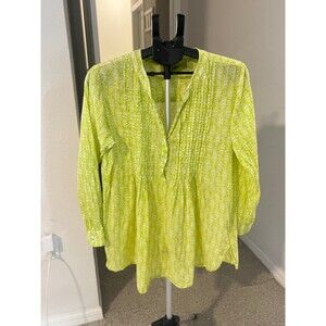 Rock Flower Paper 100% Cotton Chartreuse 1/2 Button Up Tunic Blouse Women’s L